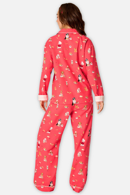 Classic Flannel Pajama Set with Headband - Love You a Brunch Dogs Dark Coral