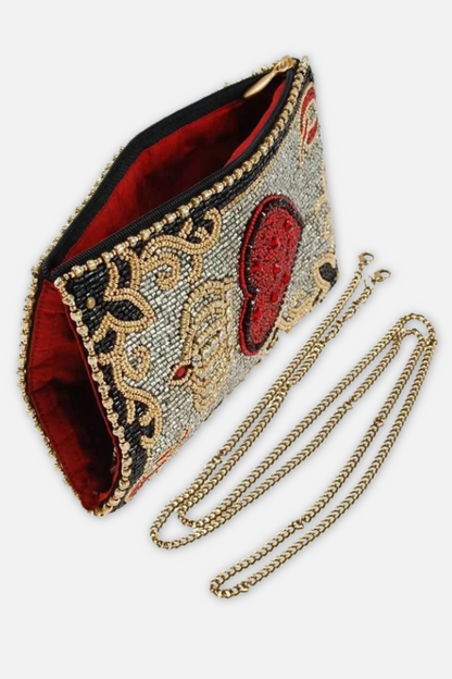 Queen of Hearts Crossbody Phone Bag - Silver Red & Black