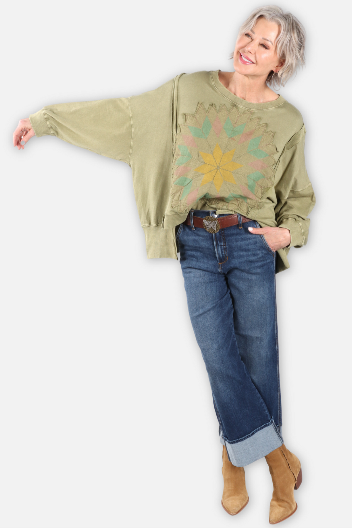 Kaleidoscope Patch Applique Sweatshirt - Olive