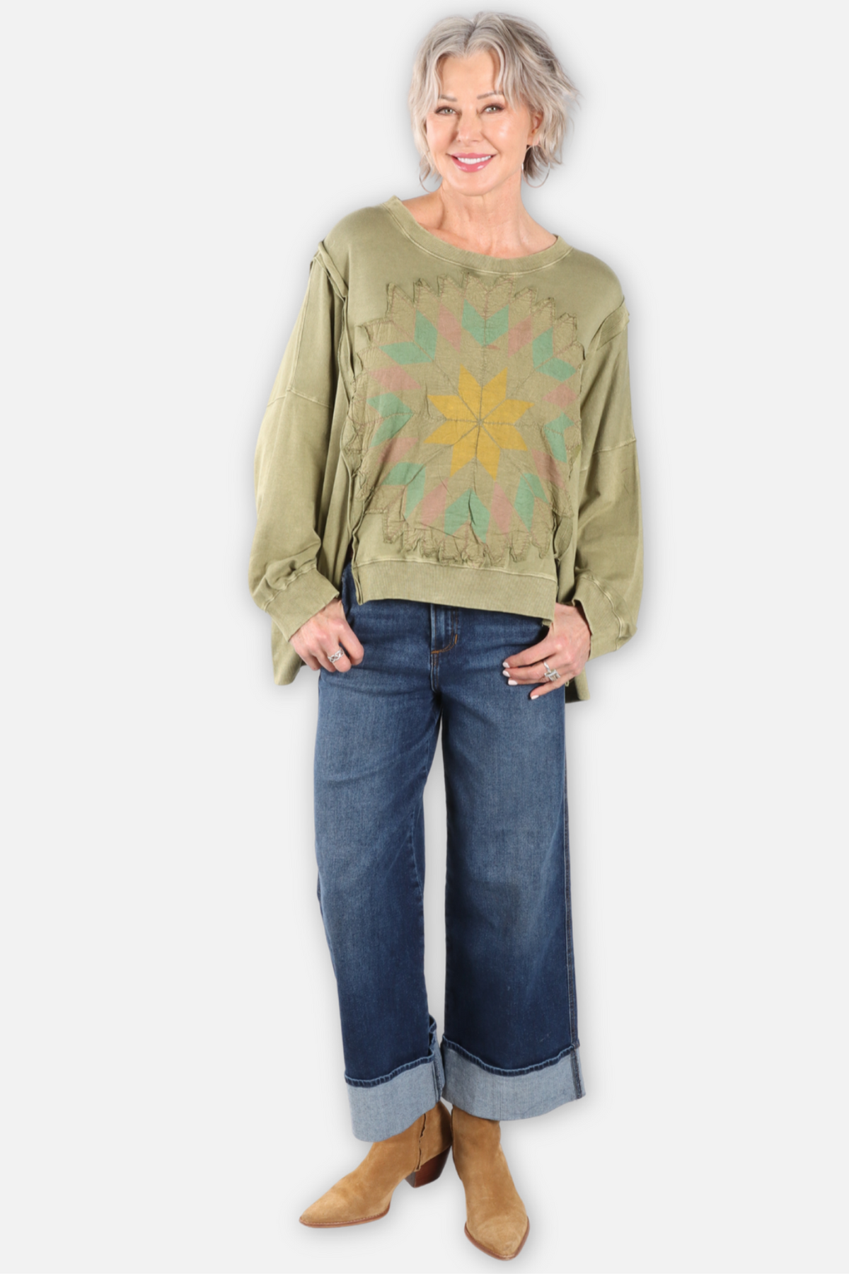 Kaleidoscope Patch Applique Sweatshirt - Olive