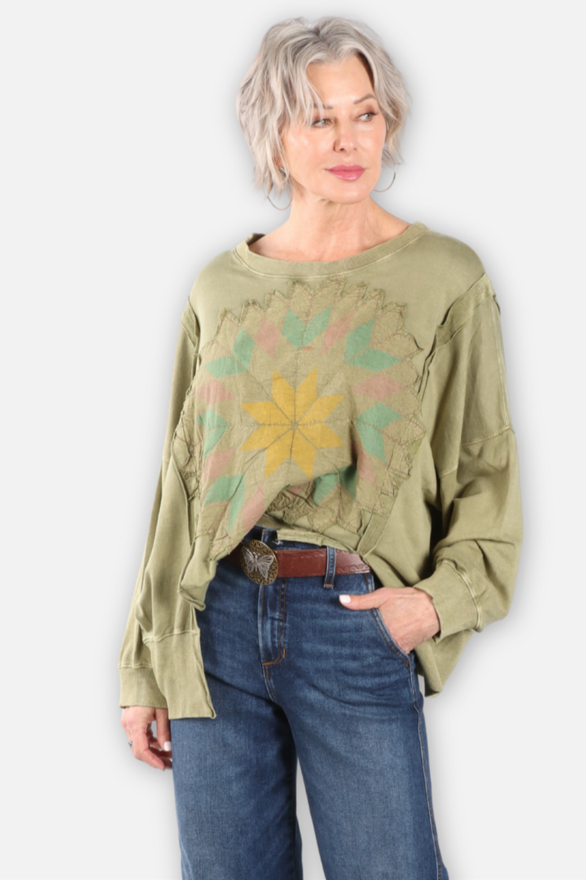 Kaleidoscope Patch Applique Sweatshirt - Olive