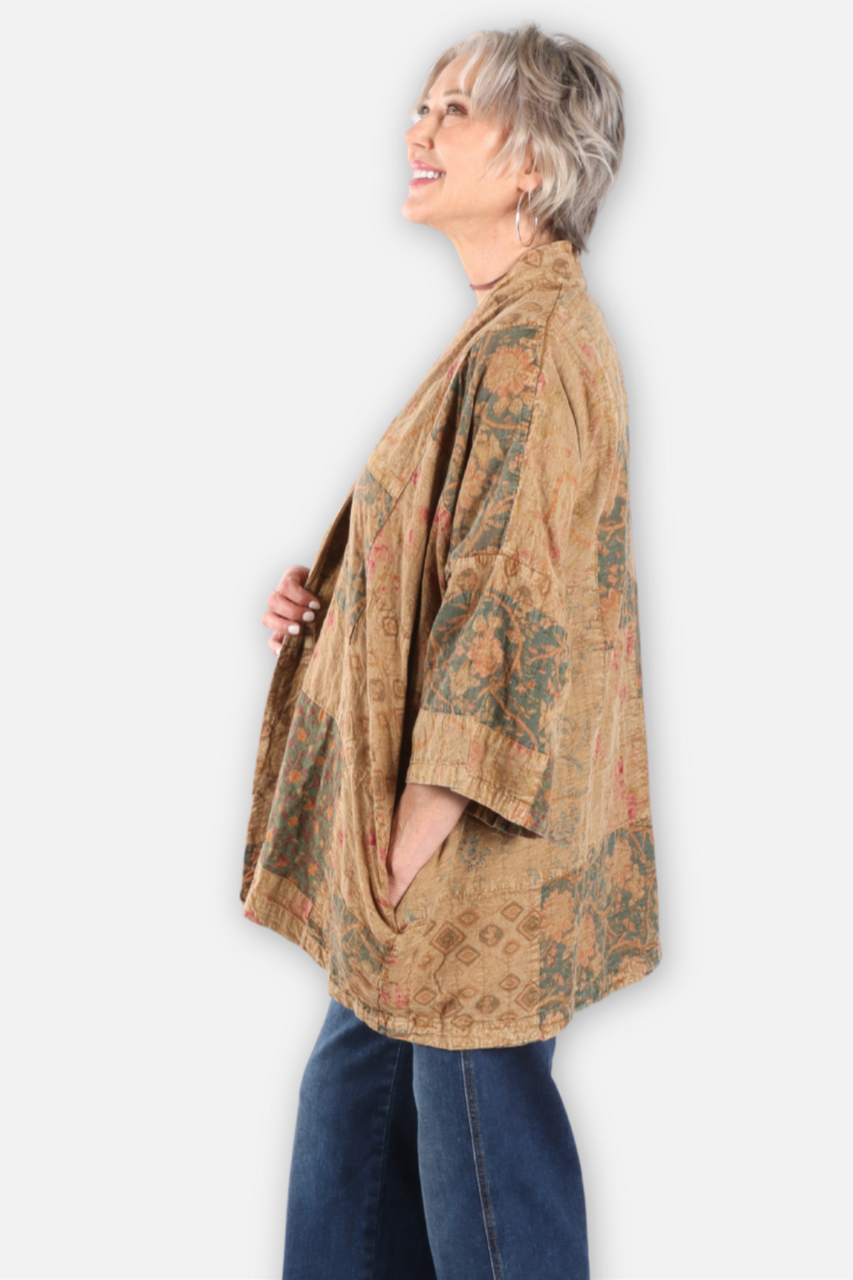 Vintage Print Kimono Jacket - Mustard