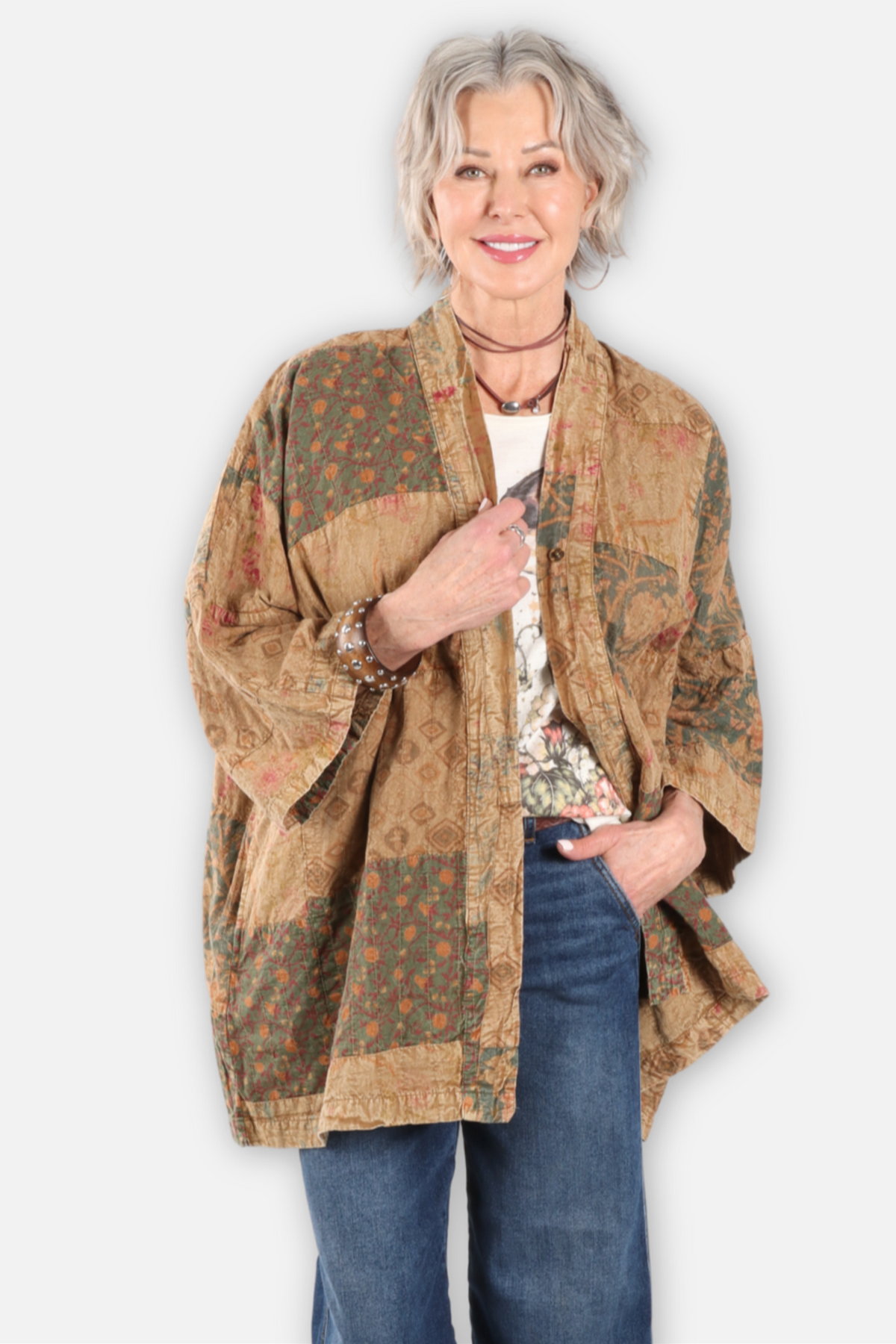 Vintage Print Kimono Jacket - Mustard