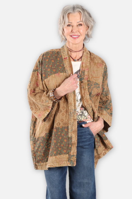 Vintage Print Kimono Jacket - Mustard