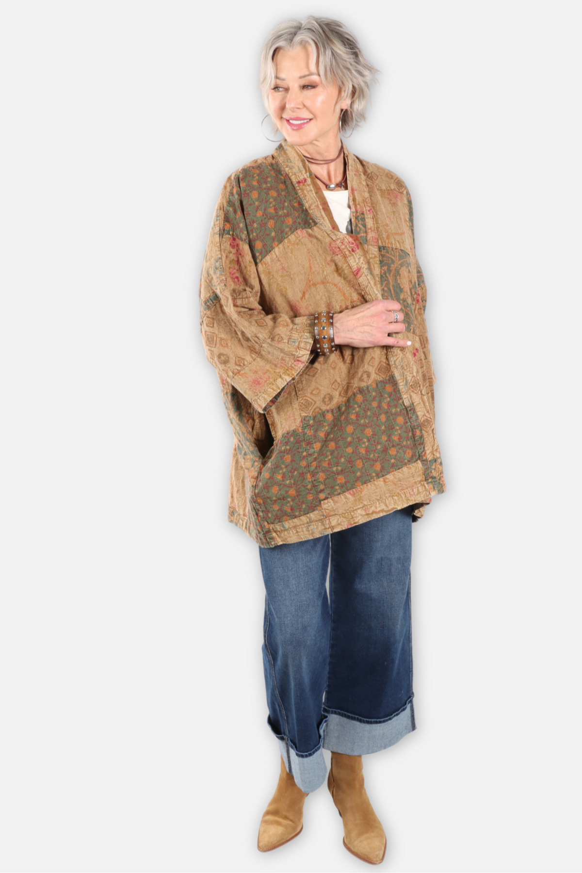 Vintage Print Kimono Jacket - Mustard
