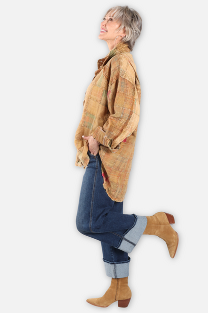 Stitched Patchwork Big Shirt - Mustard