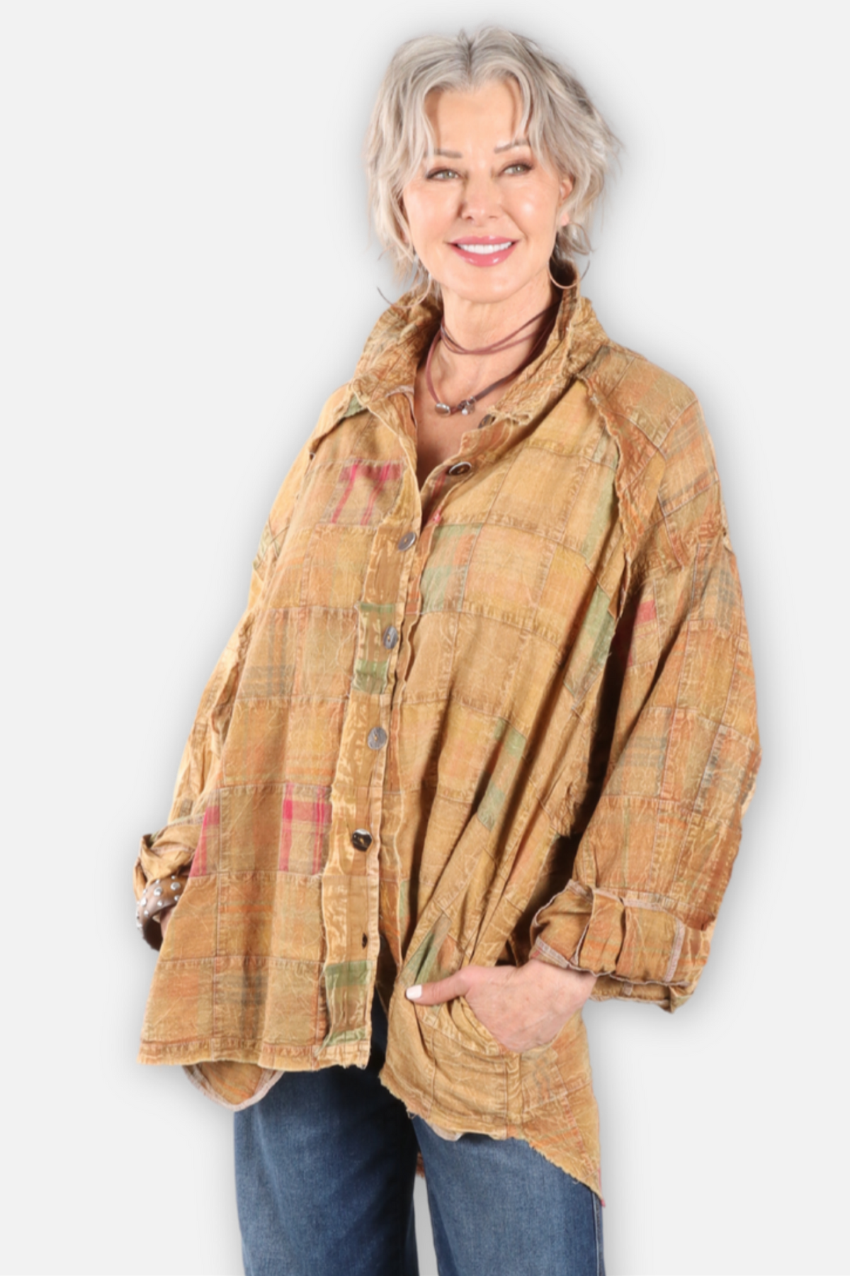 Stitched Patchwork Big Shirt - Mustard