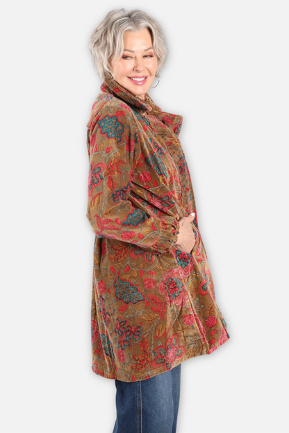 Floral Velvet Long Jacket - Brown & Olive