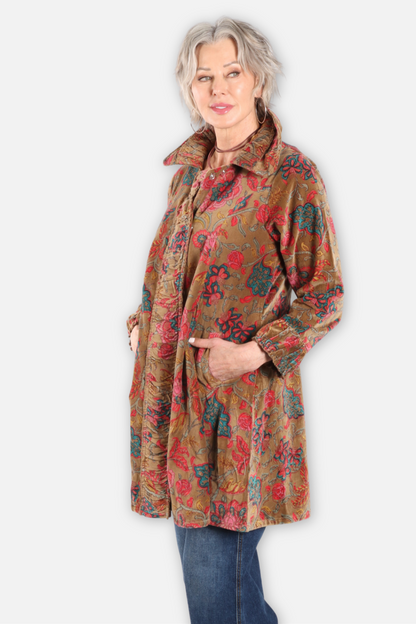 Floral Velvet Long Jacket Plus - Brown & Olive