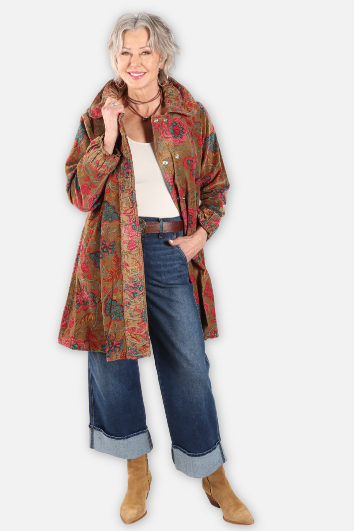 Floral Velvet Long Jacket Plus - Brown & Olive