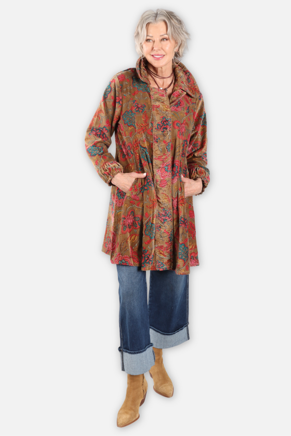 Floral Velvet Long Jacket Plus - Brown & Olive