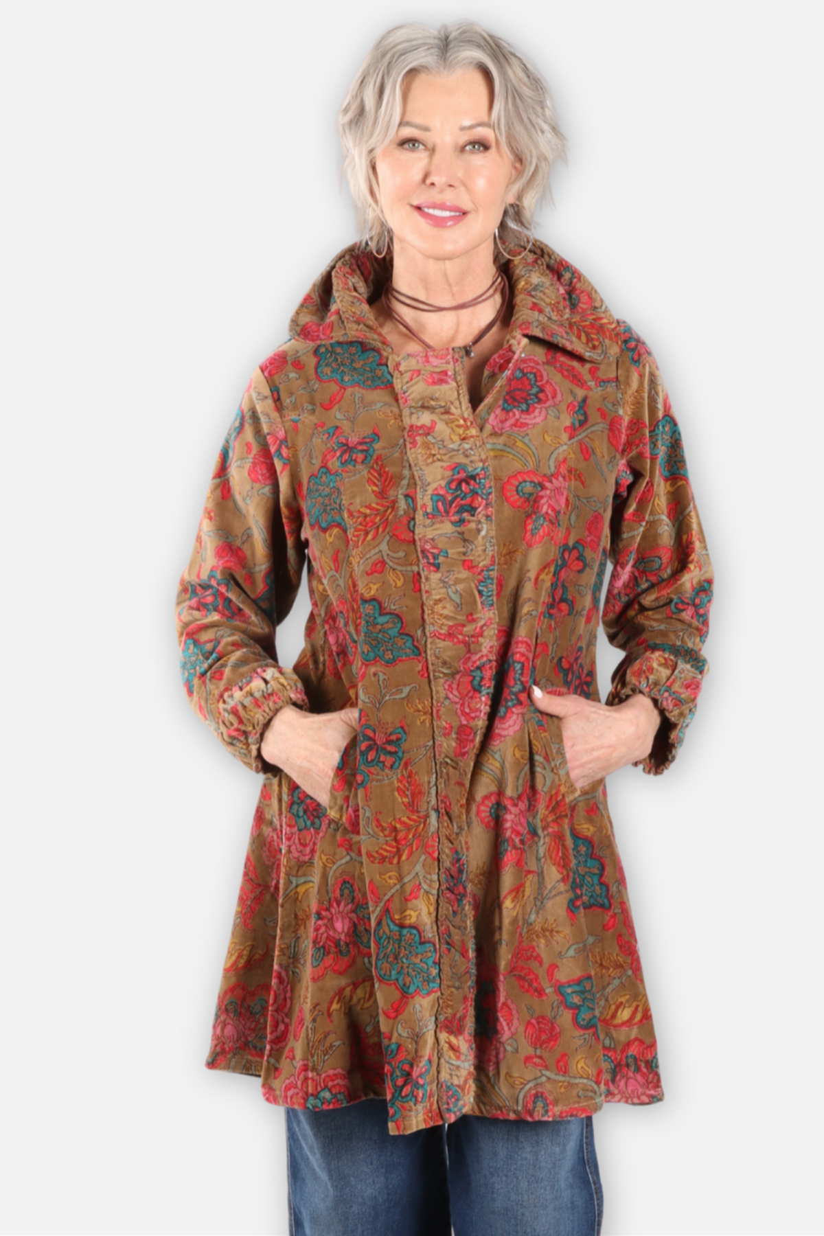 Floral Velvet Long Jacket - Brown & Olive