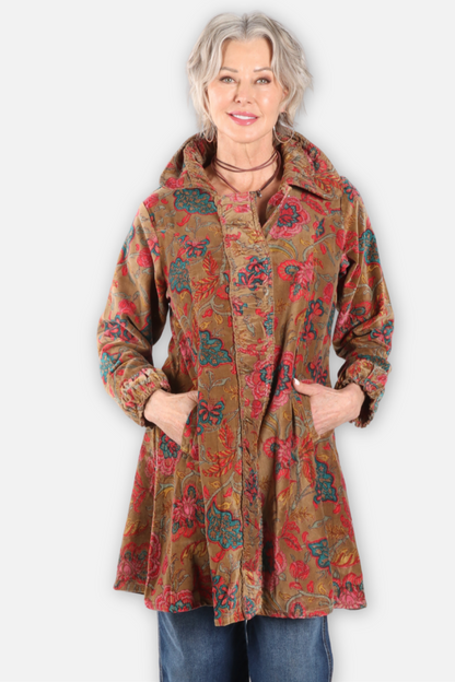 Floral Velvet Long Jacket - Brown & Olive