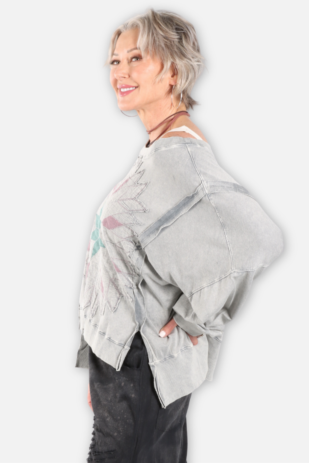 Kaleidoscope Patch Applique Sweatshirt - Grey Mix