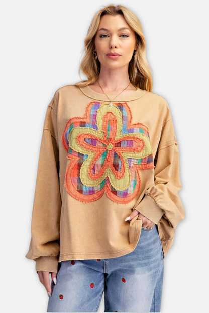 Floral Patch Front Pullover - Almond