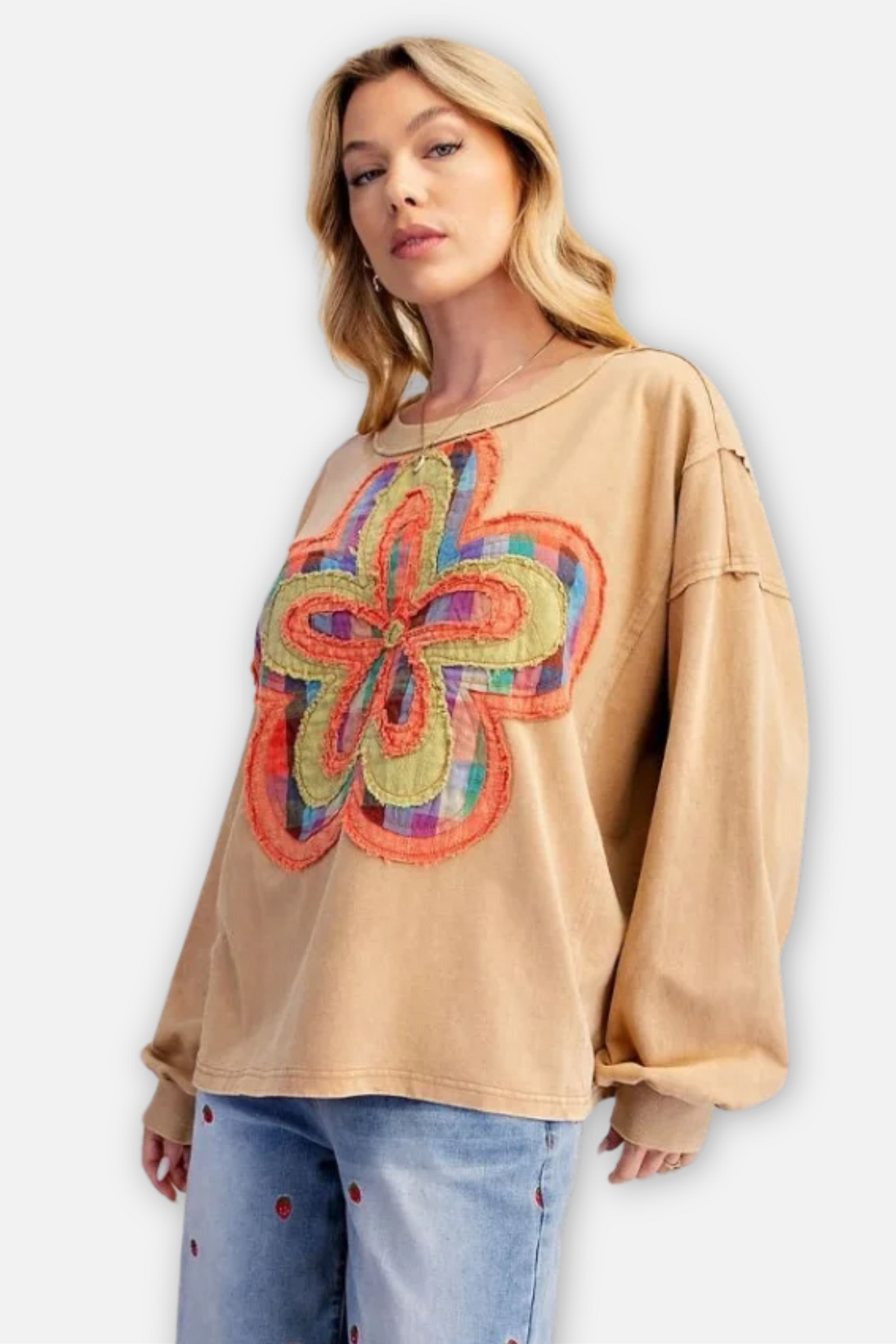Floral Patch Front Pullover - Almond