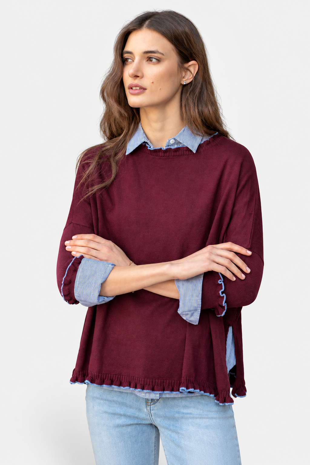Catalina Ruffle Sweater - Burgundy & Sapphire
