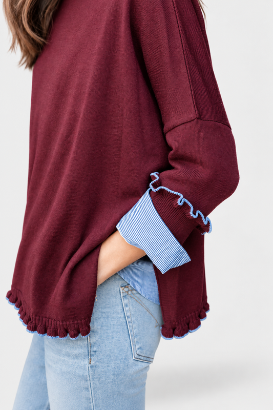 Catalina Ruffle Sweater - Burgundy & Sapphire
