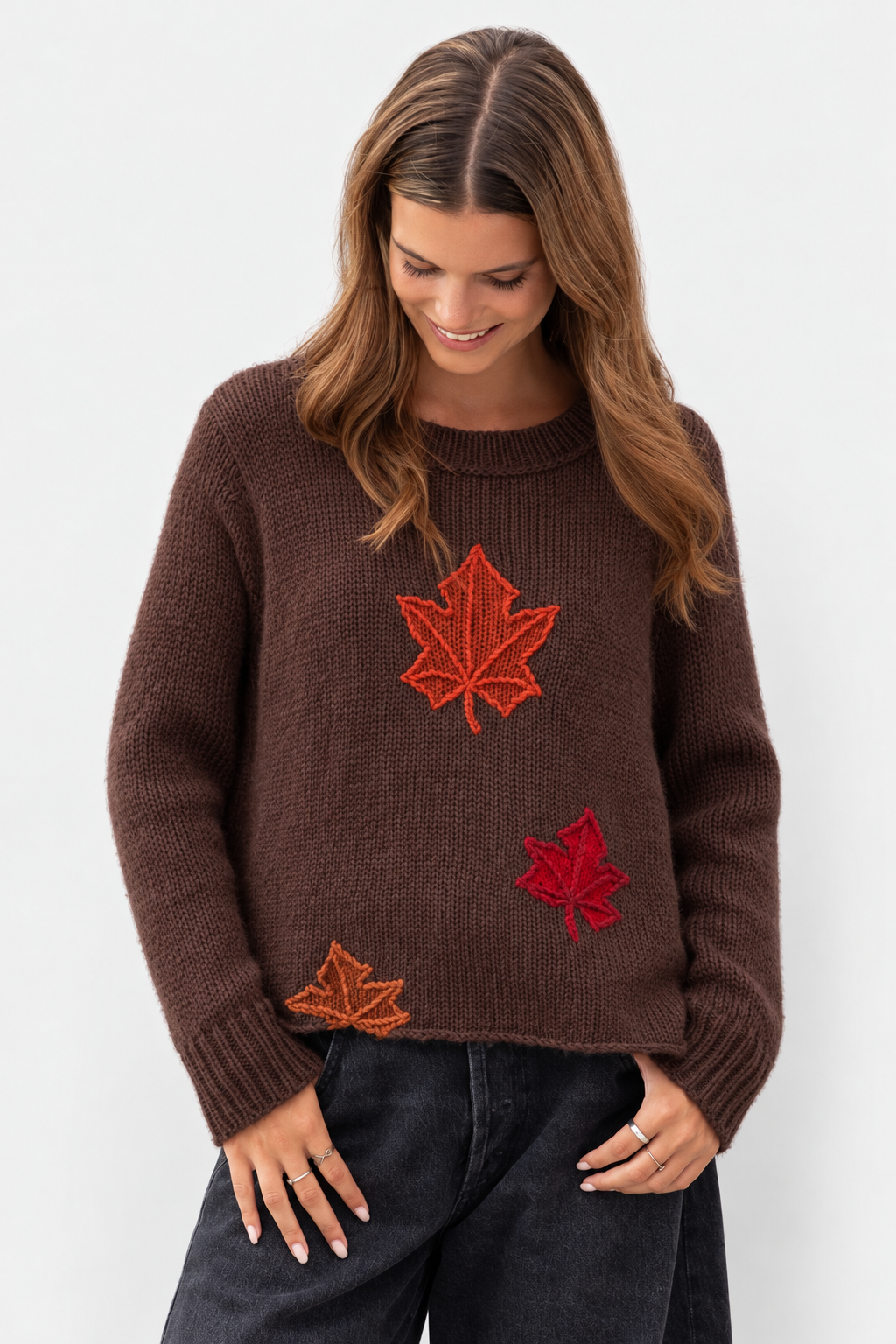 Autumn Falling Leaves Crew Sweater - Brown & Brick