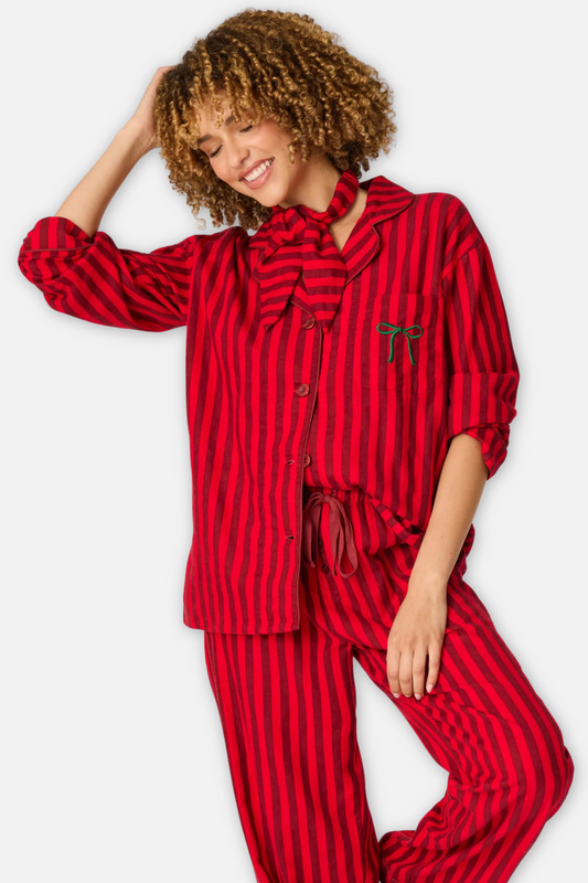Classic Flannel Pajama Set with Headband  - Lipstick