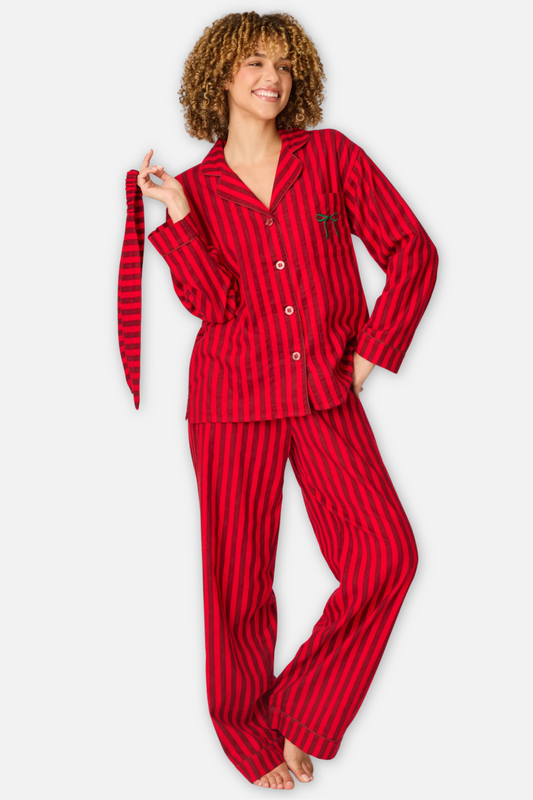 Classic Flannel Pajama Set with Headband  - Lipstick