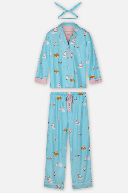 Classic Flannel Pajama Set with Headband  - Paws Blue Elixir