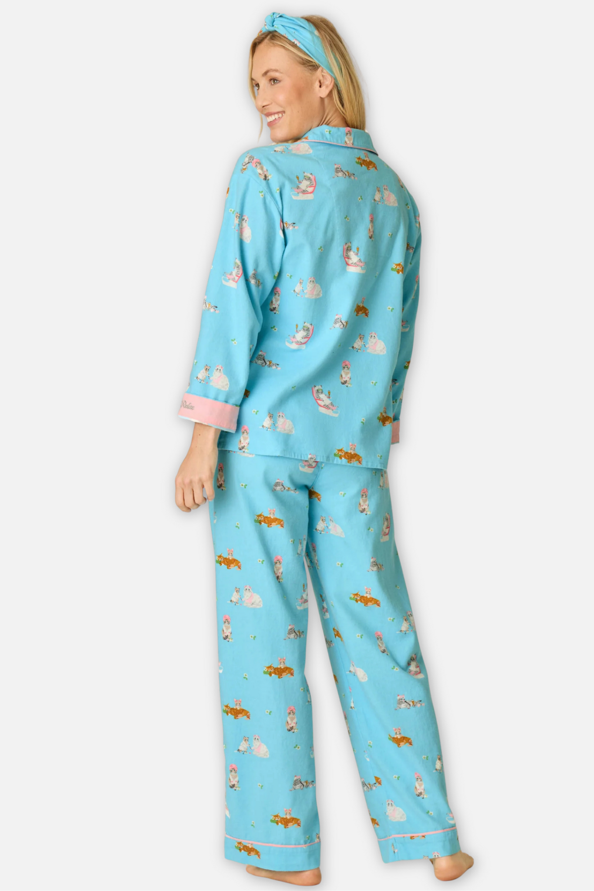 Classic Flannel Pajama Set with Headband  - Paws Blue Elixir
