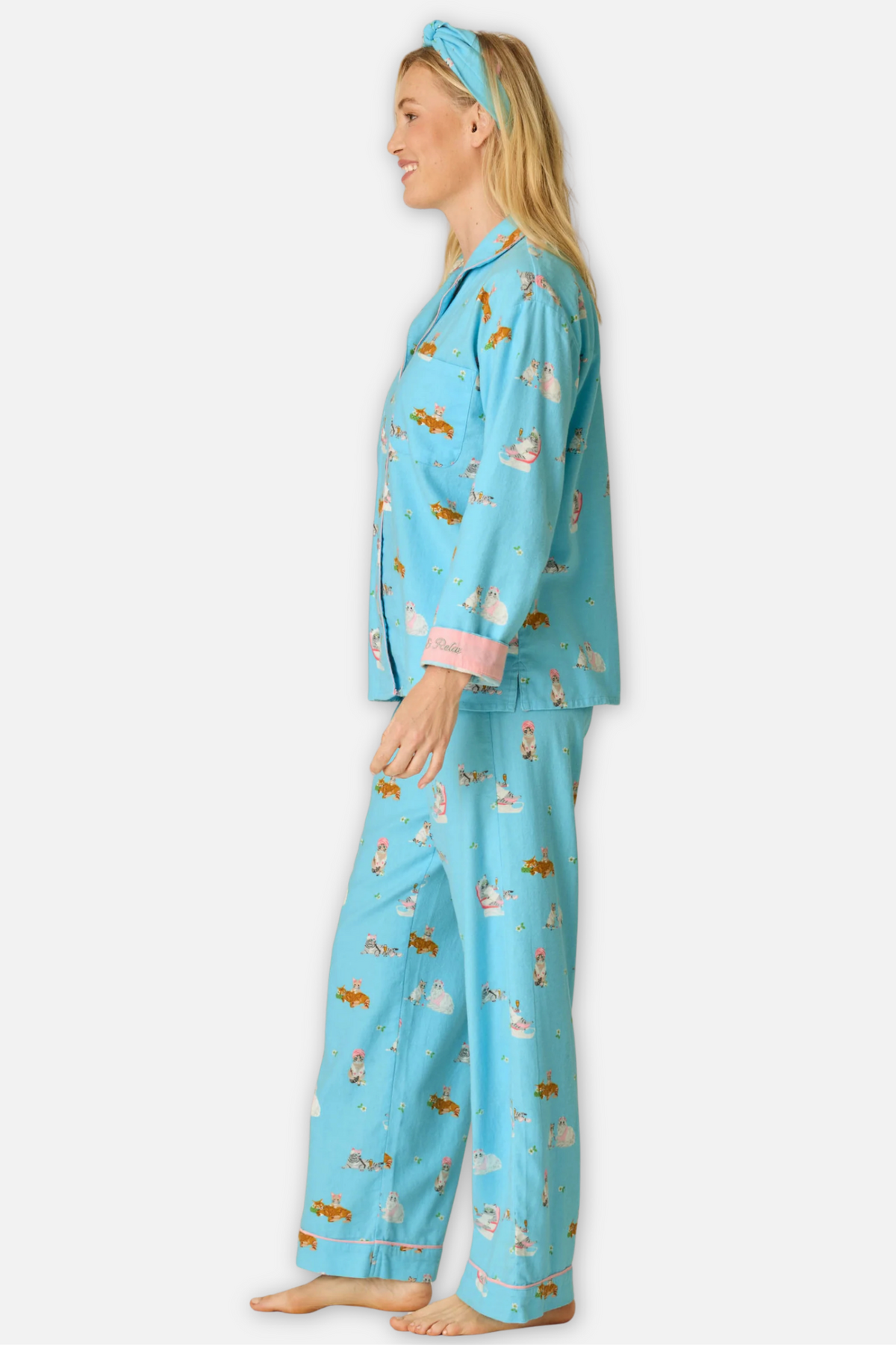 Classic Flannel Pajama Set with Headband  - Paws Blue Elixir