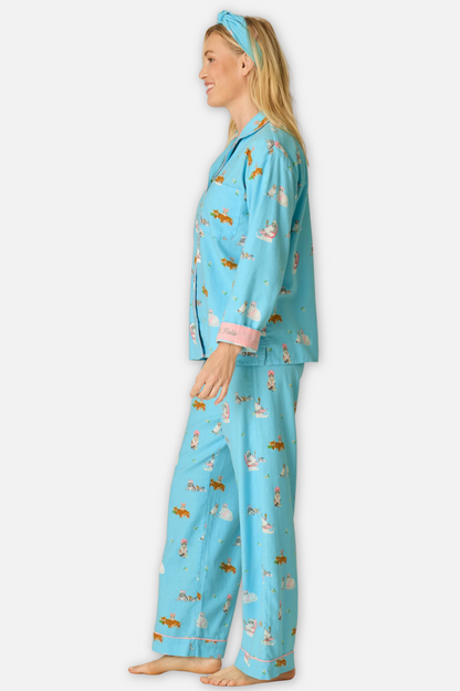 Classic Flannel Pajama Set with Headband  - Paws Blue Elixir