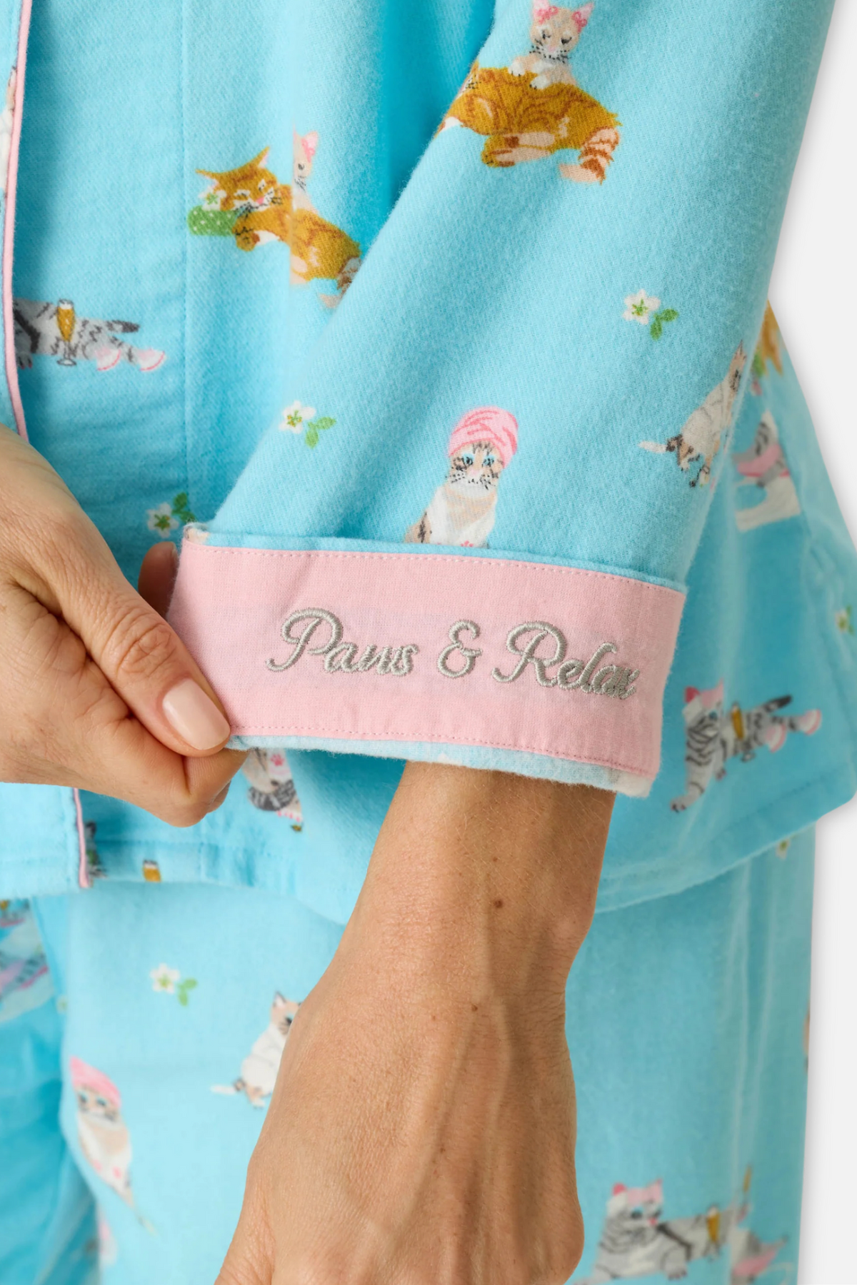 Classic Flannel Pajama Set with Headband  - Paws Blue Elixir
