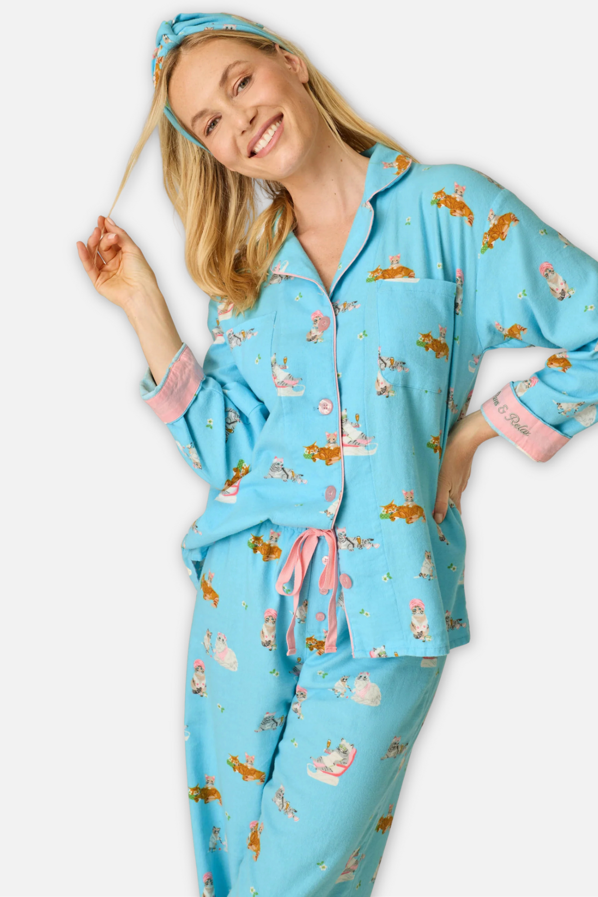 Classic Flannel Pajama Set with Headband  - Paws Blue Elixir