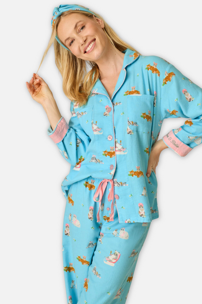 Classic Flannel Pajama Set with Headband  - Paws Blue Elixir