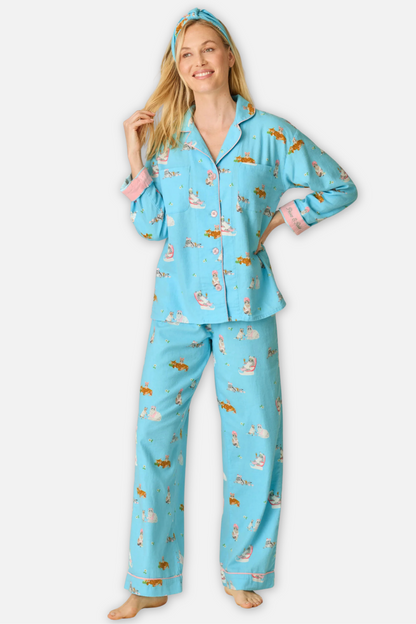 Classic Flannel Pajama Set with Headband  - Paws Blue Elixir