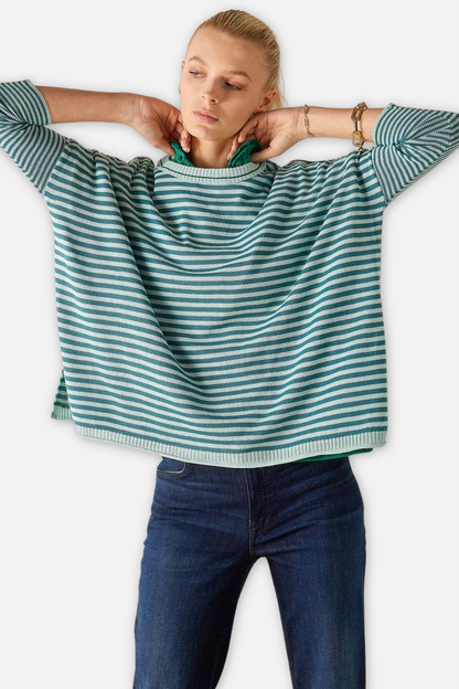 Catalina Crew Sweater - Deep Ocean & Rain Stripe
