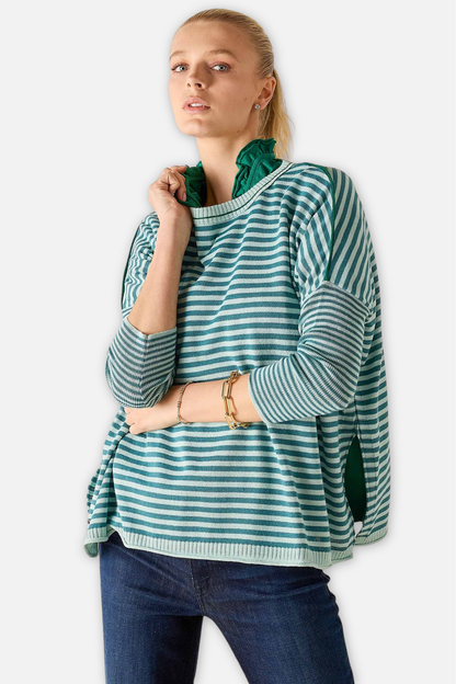 Catalina Crew Sweater - Deep Ocean & Rain Stripe