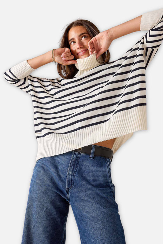 Catalina Turtleneck Sweater - White & Navy Stripe