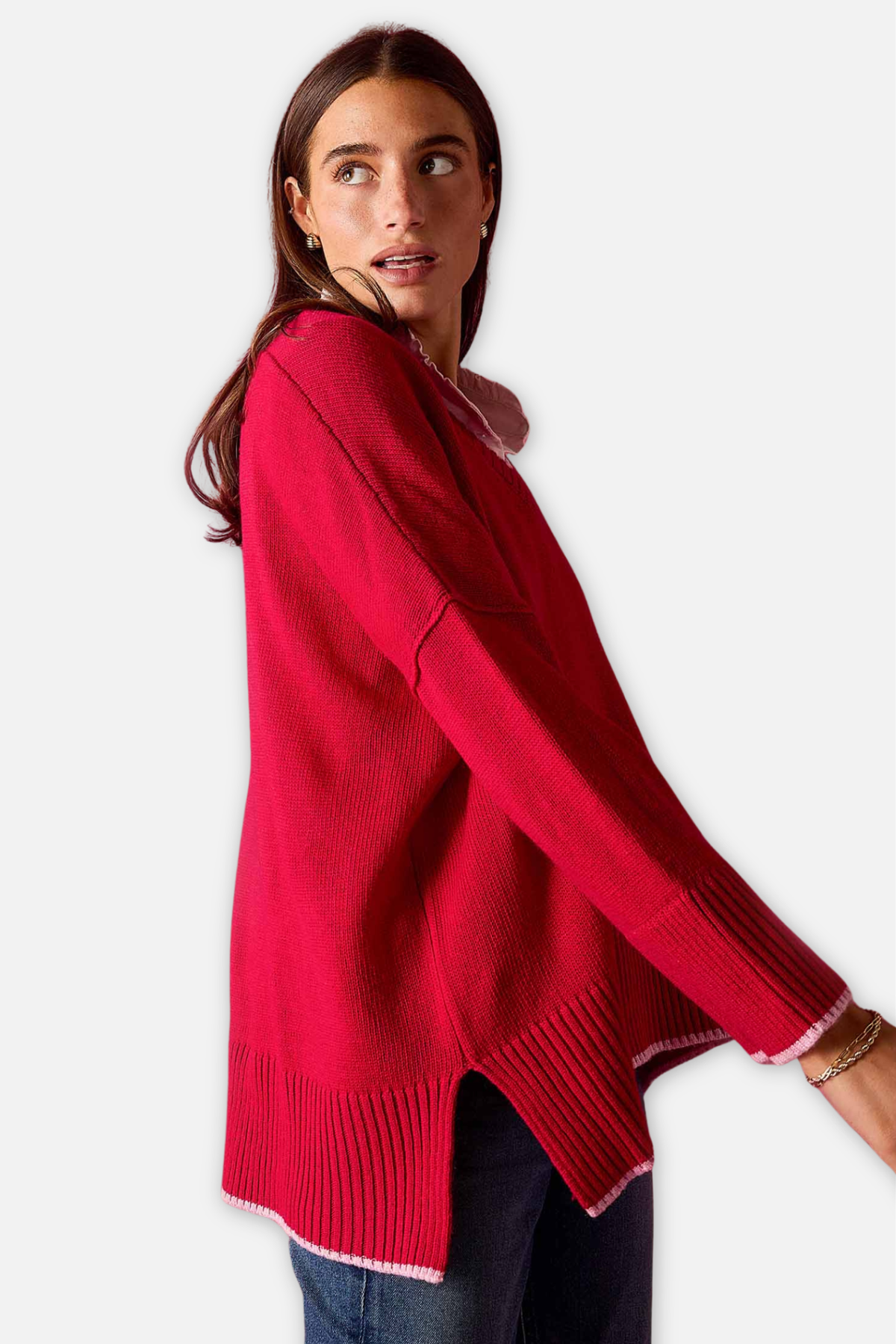 Montauk V Neck Sweater - Raspberry & Pink