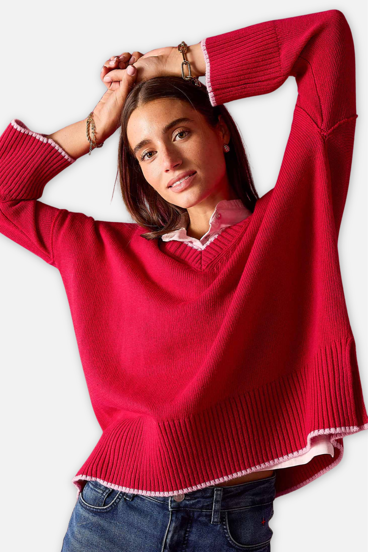 Montauk V Neck Sweater - Raspberry & Pink