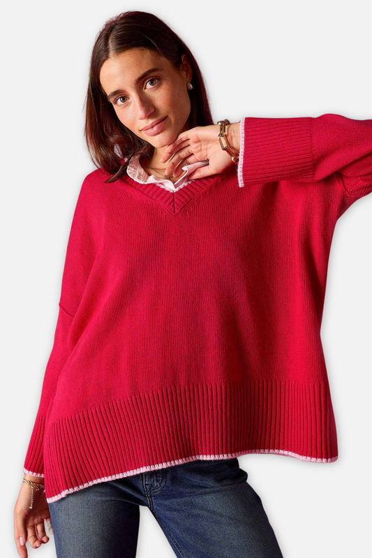 Montauk V Neck Sweater - Raspberry & Pink