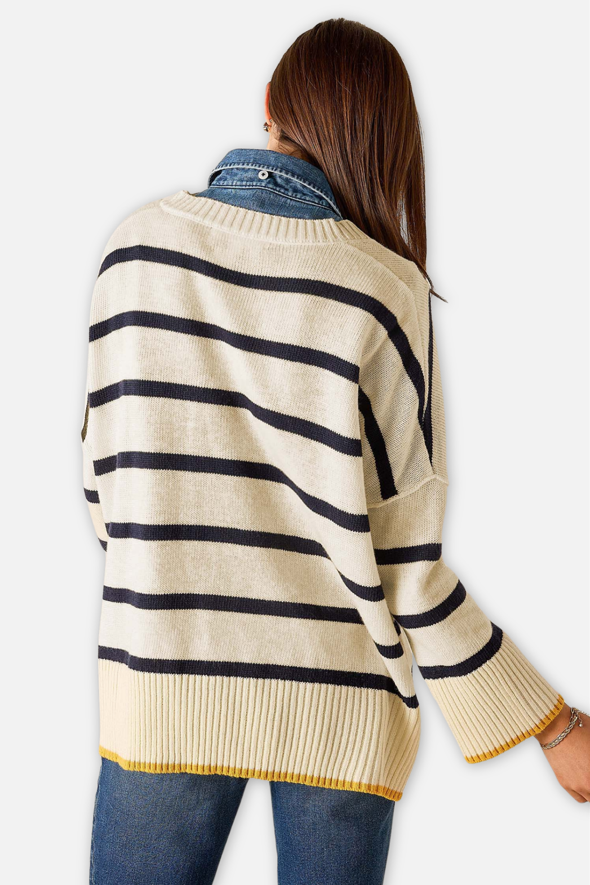 Montauk V Neck Sweater - Cream Navy & Golden
