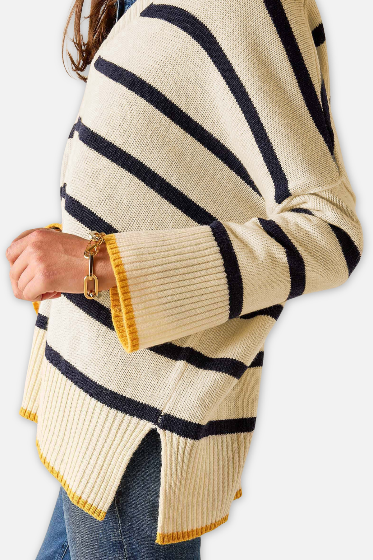 Montauk V Neck Sweater - Cream Navy & Golden