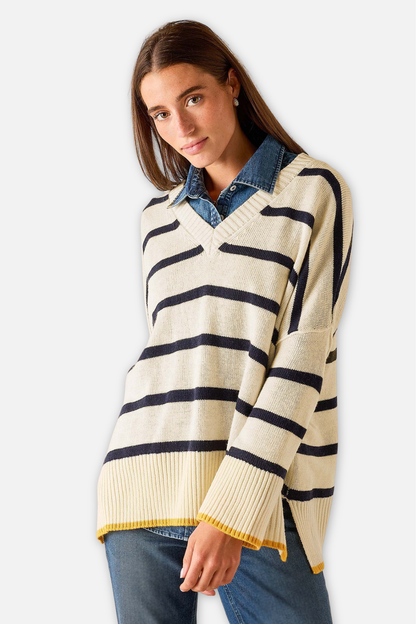 Montauk V Neck Sweater - Cream Navy & Golden