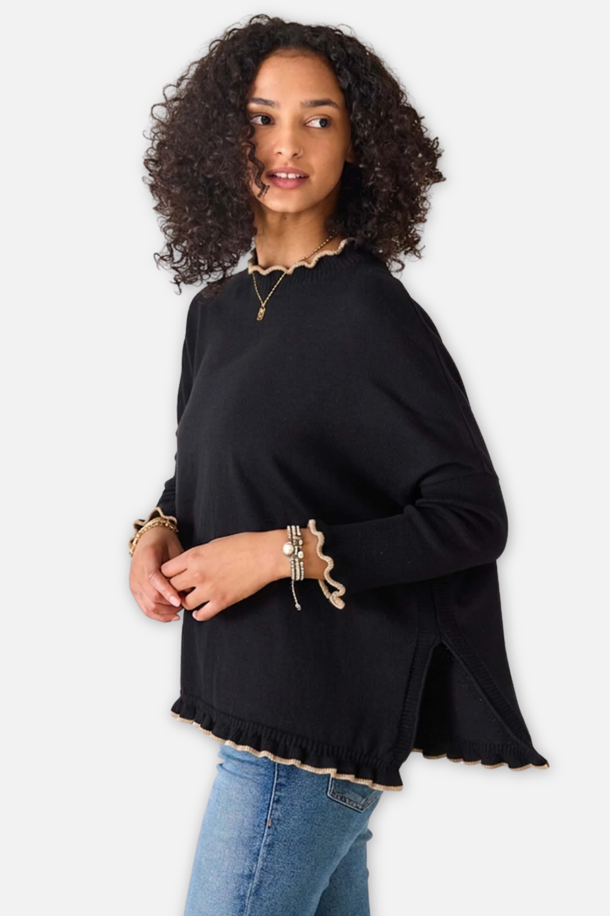 Catalina Ruffle Sweater - Black & Taupe