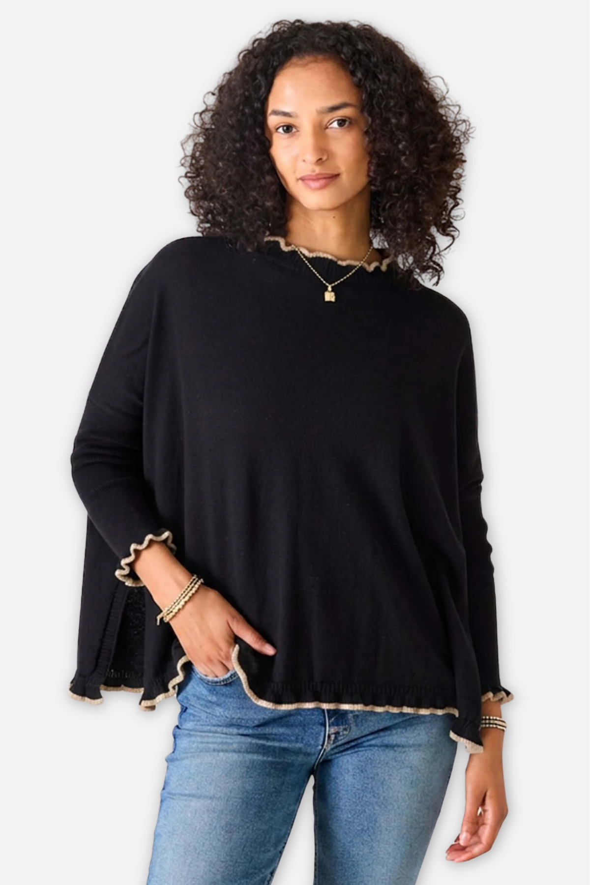 Catalina Ruffle Sweater - Black & Taupe