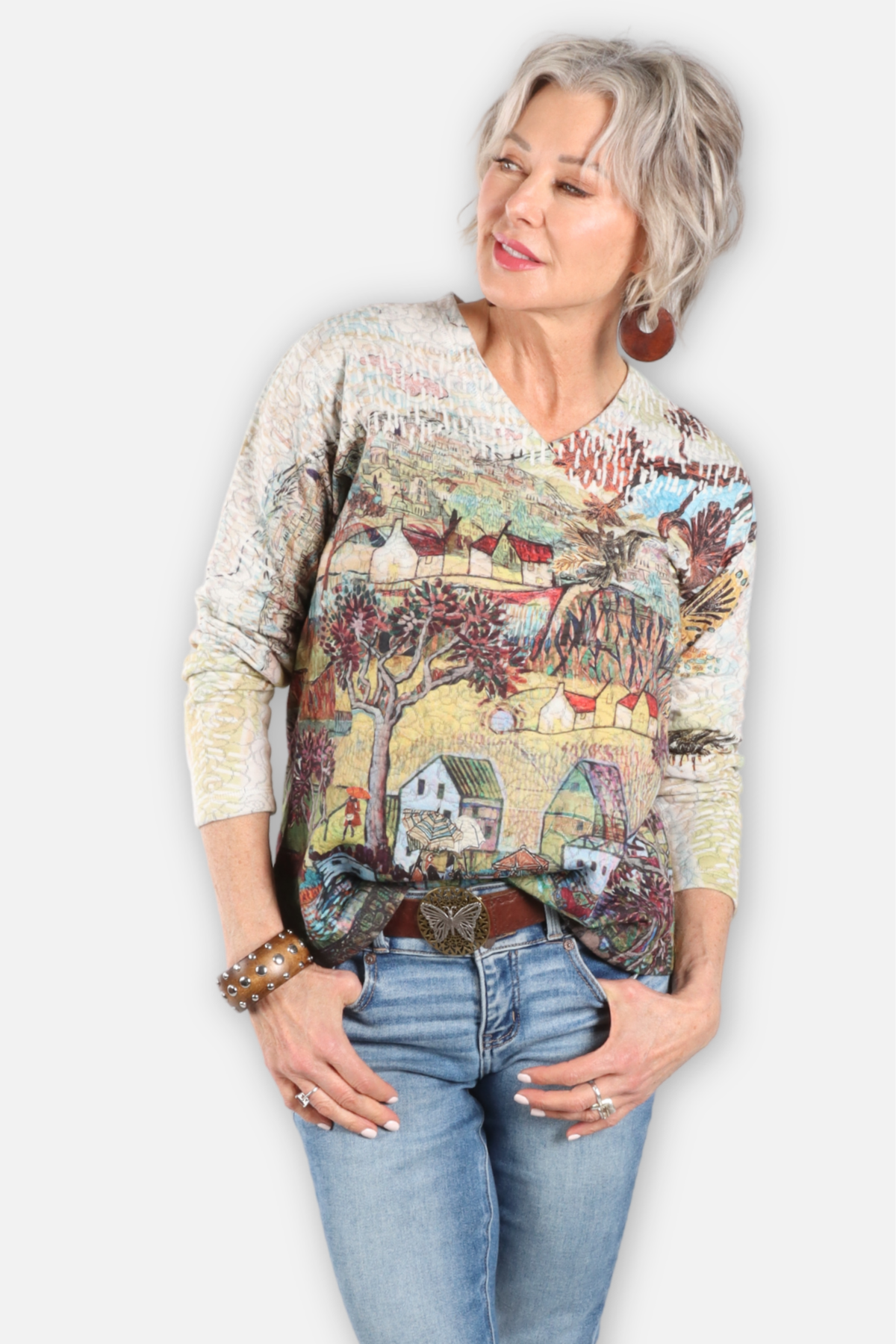 Jacquard Knit V Neck Top - A Late Afternoon