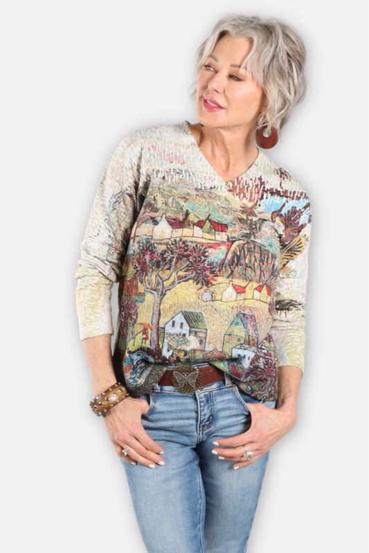 Jacquard Knit V Neck Top - A Late Afternoon