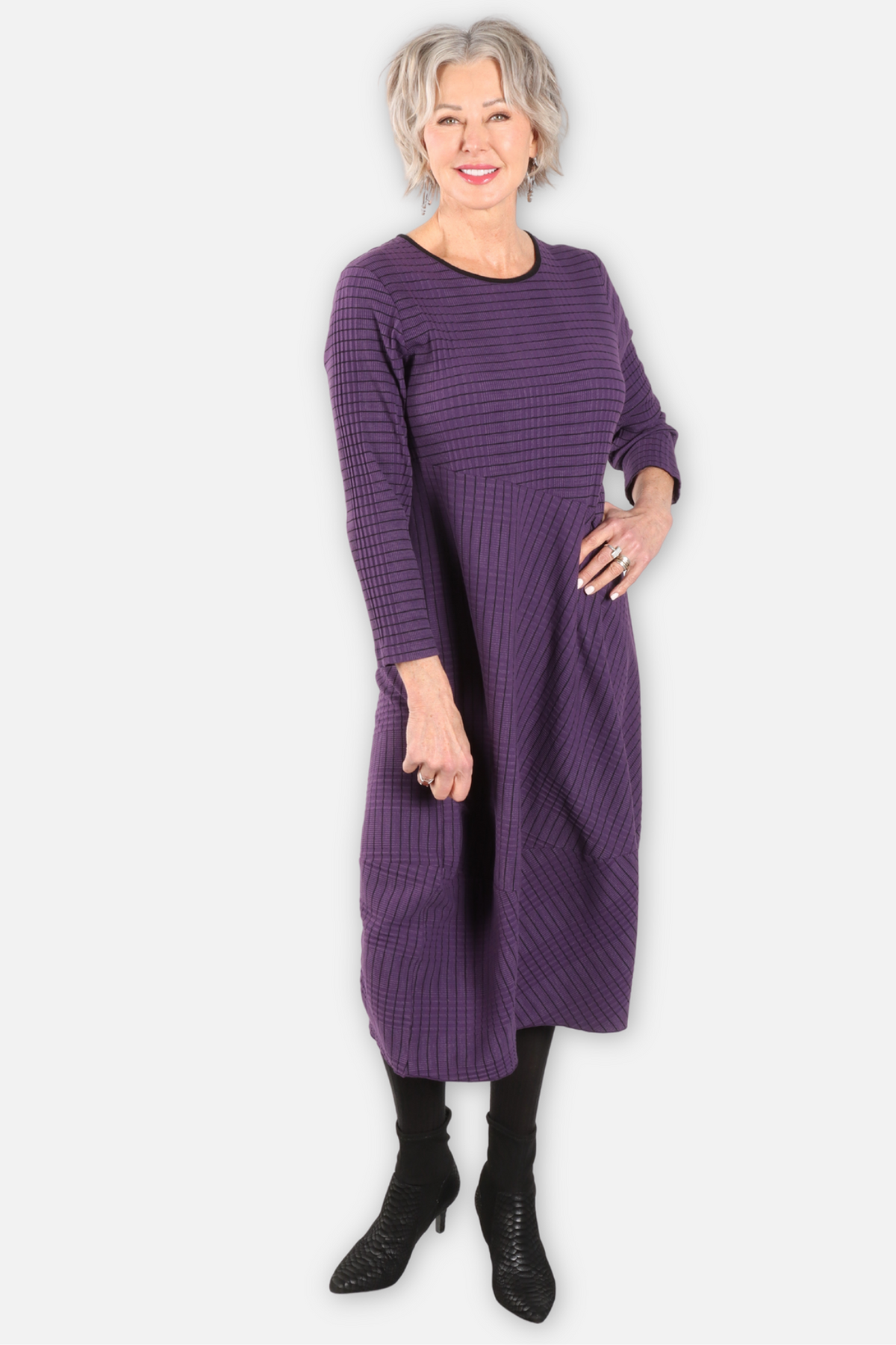 Wave Rib Mix Stripe Knit Dress - Mulberry