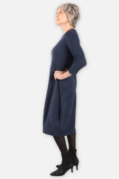 Wave Rib Mix Stripe Knit Dress - Denim