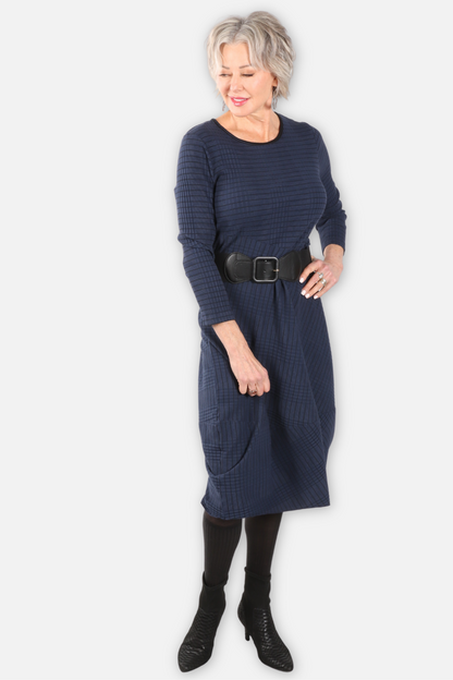 Wave Rib Mix Stripe Knit Dress - Denim