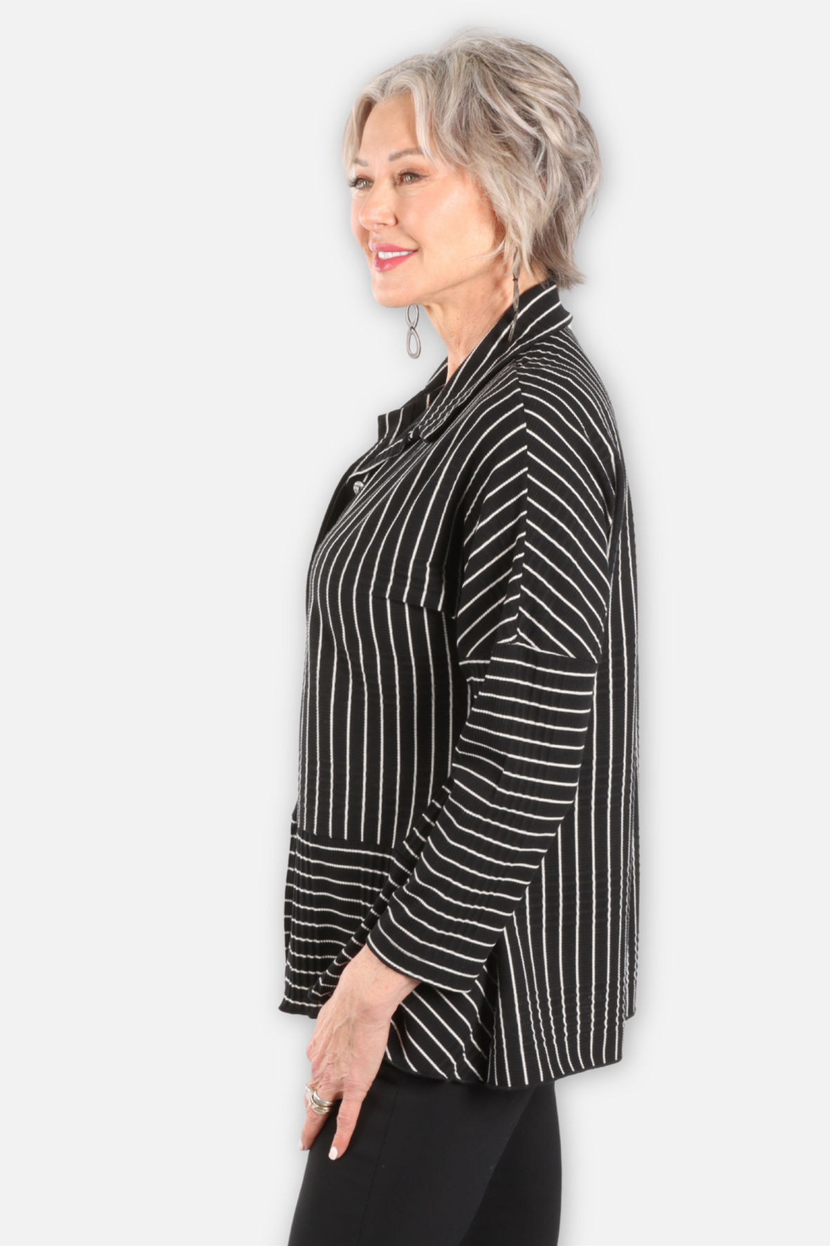 Wave Rib Mix Stripe Knit Shirt - Black
